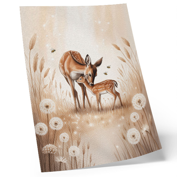 Kunstdruck leinwand Reh mit Kitz, leuchtend bunte Blumen