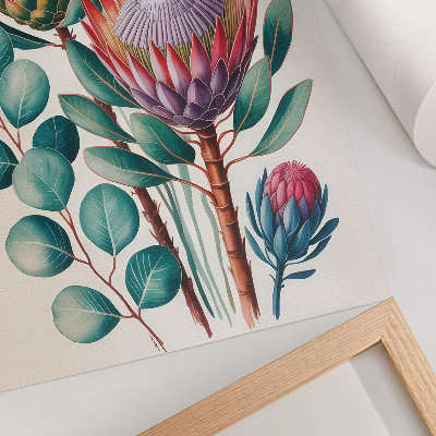 Wandposter Exotische Protea-Blüten, grüne Blätter