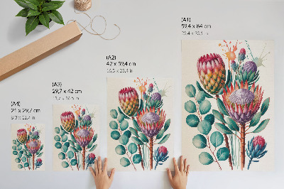 Wandposter Exotische Protea-Blüten, grüne Blätter