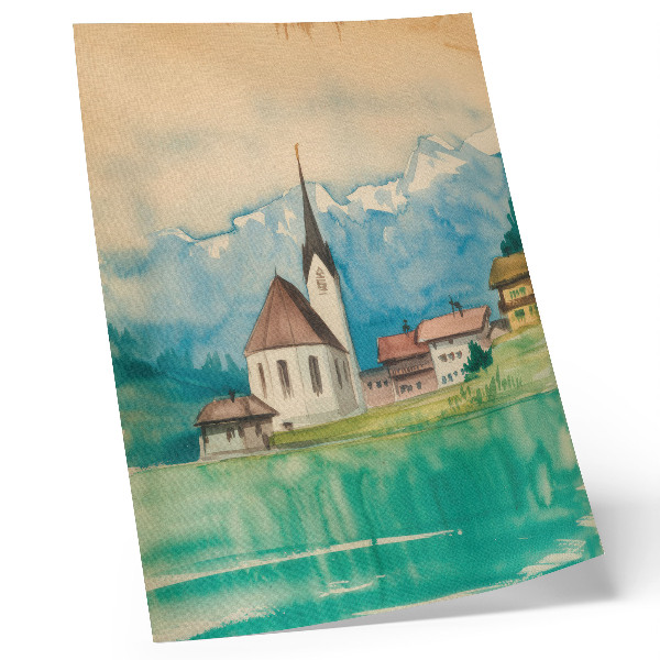 Wandposter Kirche in den Bergen, Aquarell, Frieden, Natur