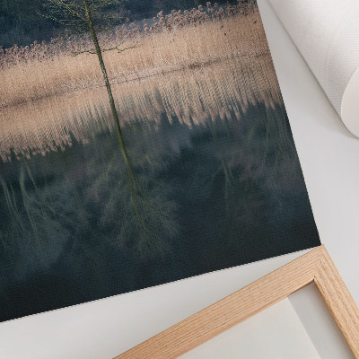 Poster Spiegelung eines einzelnen Baumes im See, Nebel
