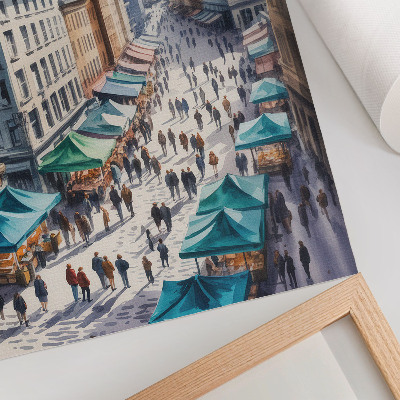 Poster Farbenfrohe Stadtszene, Menschen, Stände, Aquarell