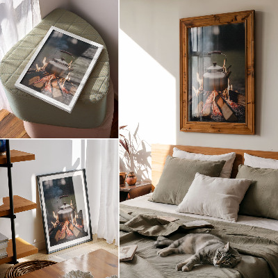 Wandposter Metallischer Kessel, Holzflammen, Natur