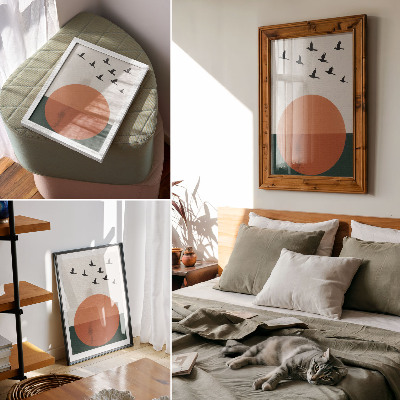 Wandposter Vögel im Flug, orangefarbener Kreis, minimalistisch