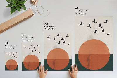 Wandposter Vögel im Flug, orangefarbener Kreis, minimalistisch