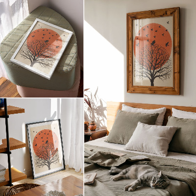 Wandposter Vögel, Baum, Sonne – Motiv im minimalistischen Stil