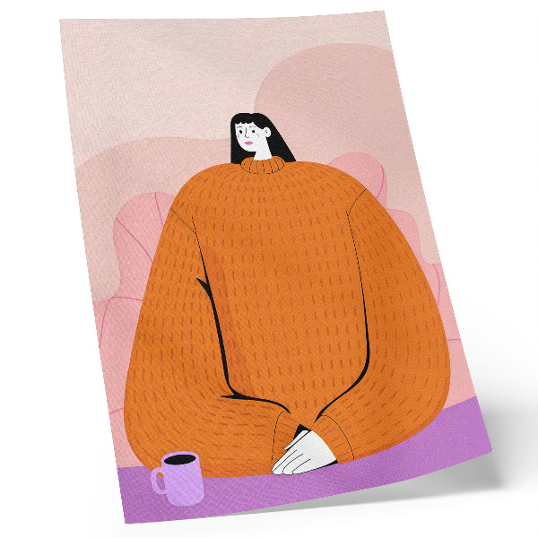 Wandposter Grafik einer Figur in einem orangefarbenen Pullover vor rosa Hintergrund