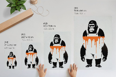 Kunstdruck leinwand Ein Gorilla in Latzhose vor einem leuchtend orangefarbenen Hintergrund