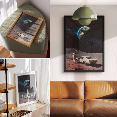 Wandposter Astronaut auf dem Mond, Auto, Erde, Sterne