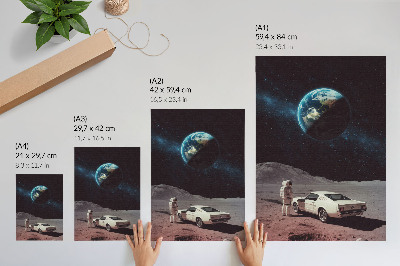 Wandposter Astronaut auf dem Mond, Auto, Erde, Sterne