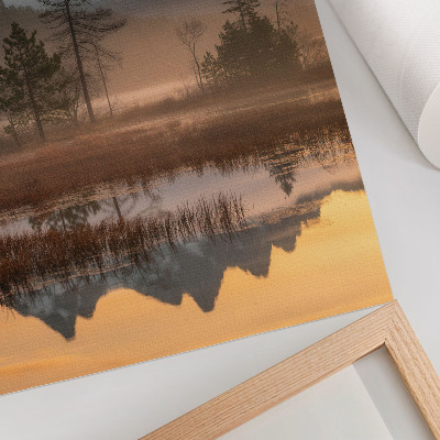 Wandposter Berge, Bäume, Nebel, ruhiges Wasser, Spiegelung