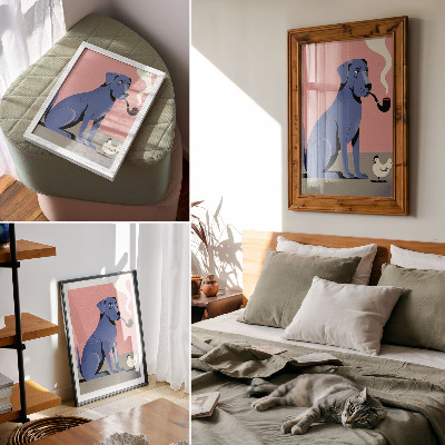 Kunstdruck leinwand Blauer Hund mit Pfeifenhuhn, rosa Hintergrund