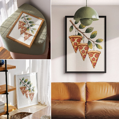 Kunstdruck leinwand Pizzastücke in fröhlichen Farben an einem Ast