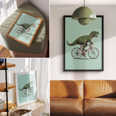 Wandposter Grüner Dinosaurier auf einem Fahrrad vor türkisfarbenem Hintergrund