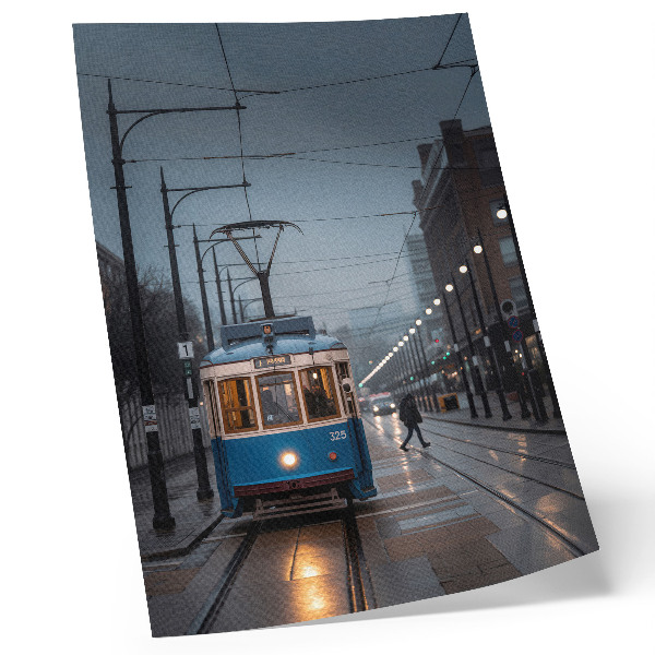 Kunstdruck leinwand Blaue Straßenbahn, regnerischer Tag, Stadtleben
