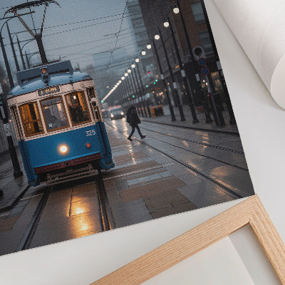 Kunstdruck leinwand Blaue Straßenbahn, regnerischer Tag, Stadtleben