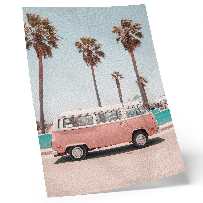 Poster Rosa Auto, blauer Himmel, hohe Palmen