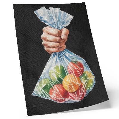 Poster Eine Hand mit einer Plastiktüte voller bunter Früchte