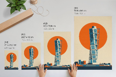 Wandposter Orangefarbene Sonne, moderne Wolkenkratzer, geometrische Formen