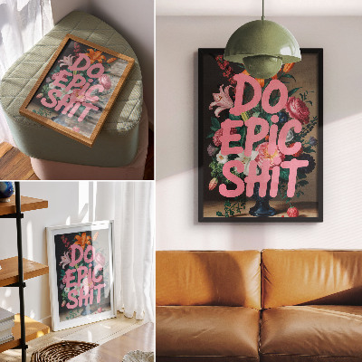 Kunstdruck leinwand Bunte Blumen, pinkfarbene Schrift, lebhafter Kontrast
