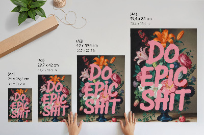 Kunstdruck leinwand Bunte Blumen, pinkfarbene Schrift, lebhafter Kontrast