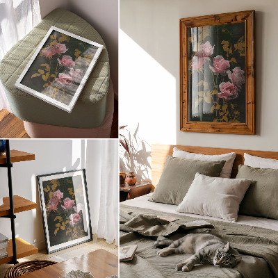 Kunstdruck leinwand Rosa Rosen, grüne Blätter, goldene Akzente, Eleganz