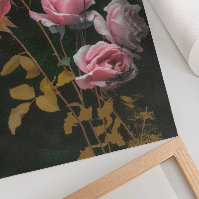 Kunstdruck leinwand Rosa Rosen, grüne Blätter, goldene Akzente, Eleganz