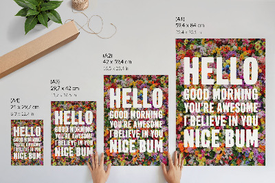 Wandposter Bunte Blumen mit weißem Text, moderne Typografie