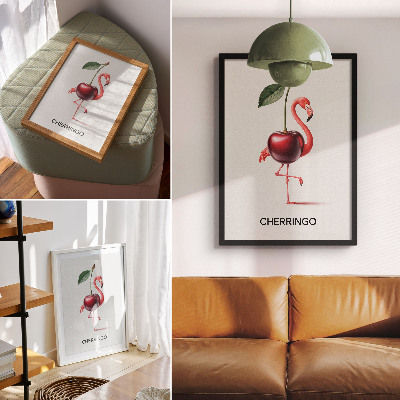 Wandposter Rosa und roter Flamingo mit Kirsche – Fantasiekomposition