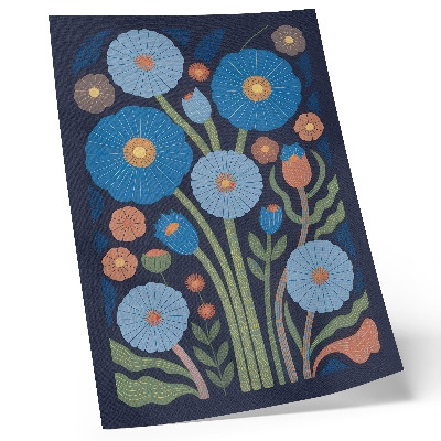 Kunstdruck leinwand Blaue Blumen, orange Akzente, marineblauer Hintergrund