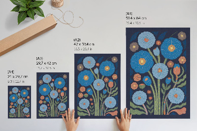 Kunstdruck leinwand Blaue Blumen, orange Akzente, marineblauer Hintergrund