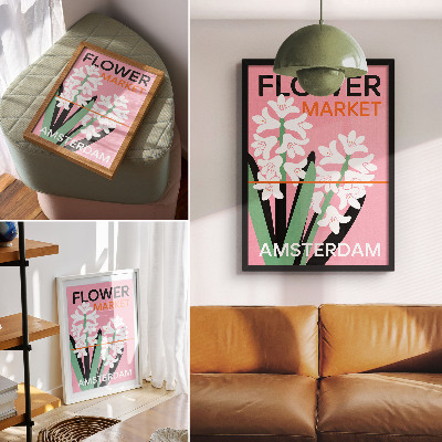 Wandposter Weiße Blüten, rosa Schrift, grüner Kontrast