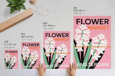 Wandposter Weiße Blüten, rosa Schrift, grüner Kontrast