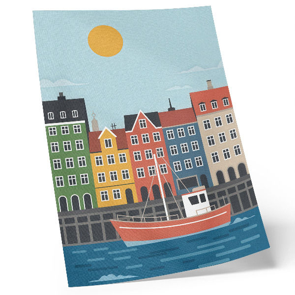 Kunstdruck leinwand Bunte Mietshäuser, Boot auf dem Wasser, heller Tag