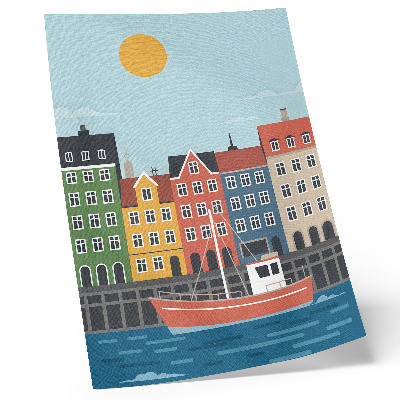 Kunstdruck leinwand Bunte Mietshäuser, Boot auf dem Wasser, heller Tag