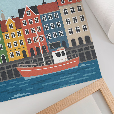 Kunstdruck leinwand Bunte Mietshäuser, Boot auf dem Wasser, heller Tag