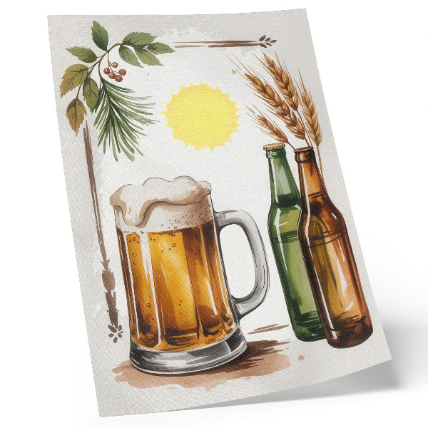 Poster Ein Krug Bier mit Flaschen, Blättern und Sonne