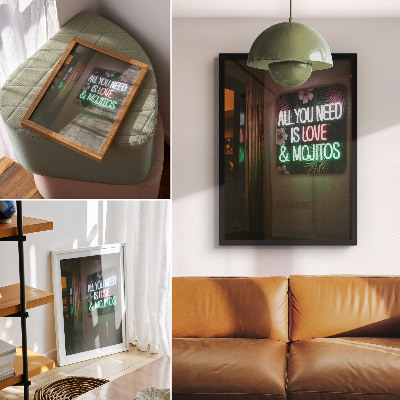 Kunstdruck leinwand Neonbuchstaben, tropische Blätter, leuchtende Farben, Sommer