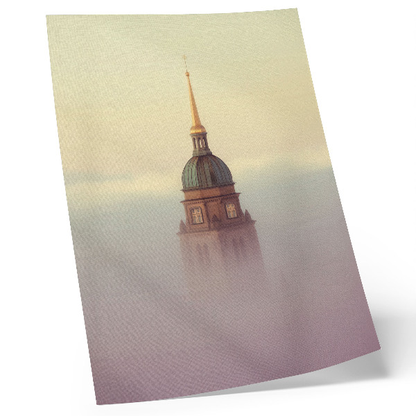 Wandposter Turm im Nebel, zarte Farben, friedvolle Komposition