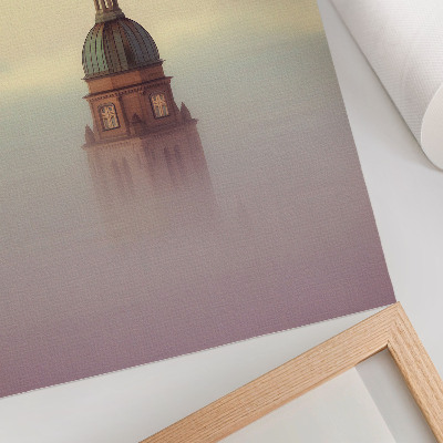 Wandposter Turm im Nebel, zarte Farben, friedvolle Komposition
