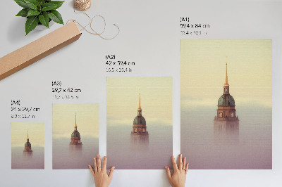 Wandposter Turm im Nebel, zarte Farben, friedvolle Komposition