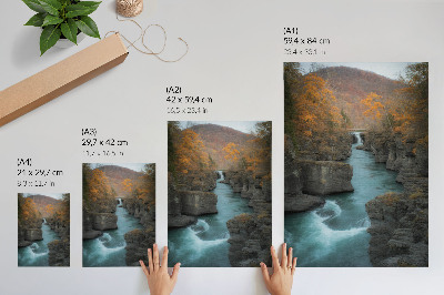Poster Herbstlandschaft, Gebirgsfluss, felsige Hänge