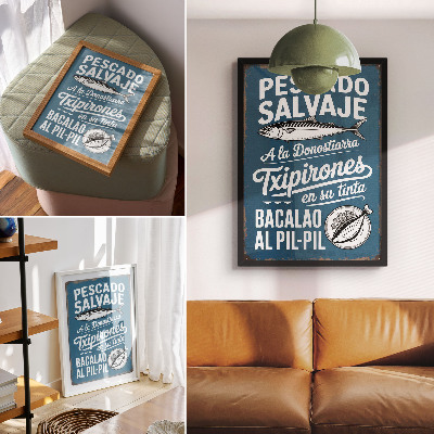 Wandposter Retro-Fischmotiv und Inschriften auf blauem Hintergrund