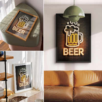 Wandposter Neonbecher, weiß mit gelber Schrift auf Ziegelstein