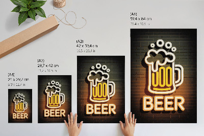 Wandposter Neonbecher, weiß mit gelber Schrift auf Ziegelstein