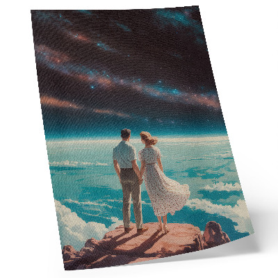Wandposter Menschen auf einer Klippe, die den Sternen des Weltraums entgegenblickt