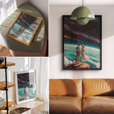 Wandposter Menschen auf einer Klippe, die den Sternen des Weltraums entgegenblickt