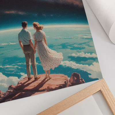 Wandposter Menschen auf einer Klippe, die den Sternen des Weltraums entgegenblickt