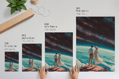 Wandposter Menschen auf einer Klippe, die den Sternen des Weltraums entgegenblickt