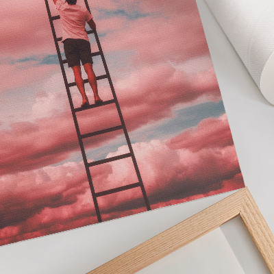 Wandposter Person auf Leiter, rosa Wolken, Himmel, Träume